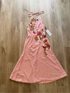helsi teresa pink sequin floral applique halter A-line midi dress size XS NEW